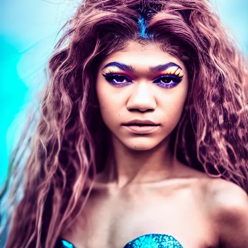 Image similar to Zendaya as mermaid, grungy, unkept hair, glowing eyes, modelsociety, radiant skin, huge anime eyes, RTX on, perfect face, intricate, Sony a7R IV, symmetric balance, polarizing filter, Photolab, Lightroom, 4K, Dolby Vision, Photography Award