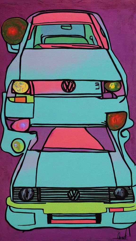 Image similar to outsider art painting of a 1 9 8 0 s vw golf, pastel colour palette, iridescent