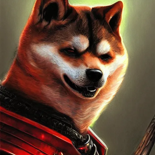 Prompt: anthropomorphic shiba inu, berserk anime : the berserker armor and the dragon slayer sword, red black aura, fantasy, dark, portrait art by donato giancola and greg rutkowski, realistic face, digital art, trending on artstation, symmetry