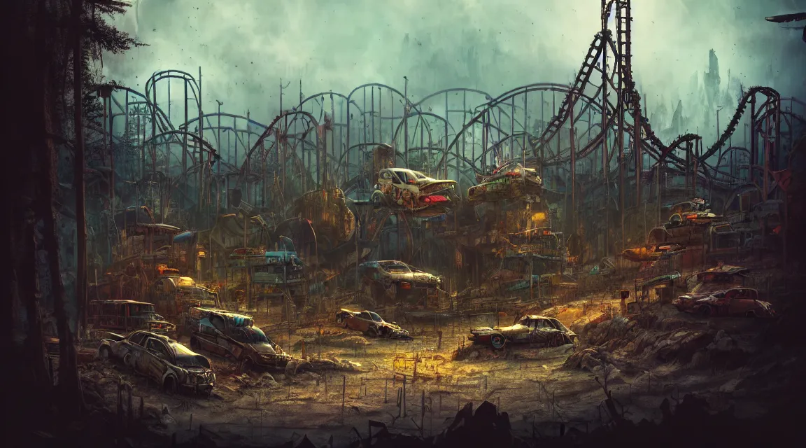 Image similar to post apocalyptic theme park park, by pascal blanche, neil blevins, apocalyptic color palette, trending on artstation, photorealistic, wilderness ambiance, ultra detailed, high definition, depth of field, bokeh, rubble,