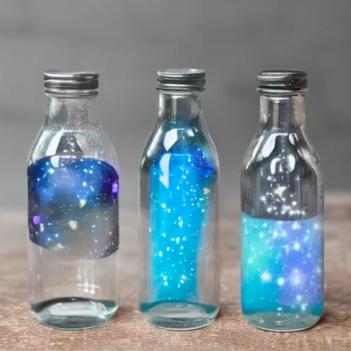 Prompt: the galaxies and planets trapped inside a glass bottle