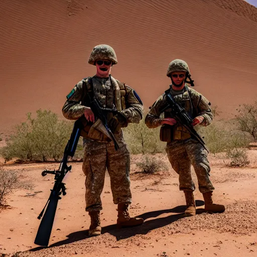 Image similar to two soldiers are combing the desert using a large comb, high definition, beautiful award winning photography, 8 k.