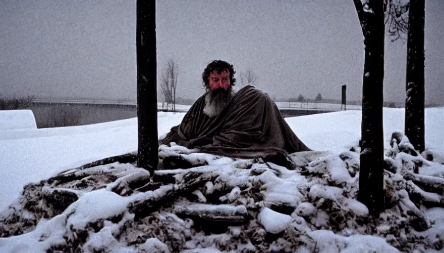 Prompt: 1 9 7 0 s movie still by tarkovsky of marcus aurelius dying alone under the snow next to the danube with red drapery, cinestill 8 0 0 t 3 5 mm b & w, high quality, heavy grain, high detail, cinematic composition, dramatic light, anamorphic, hyperrealistic, foggy
