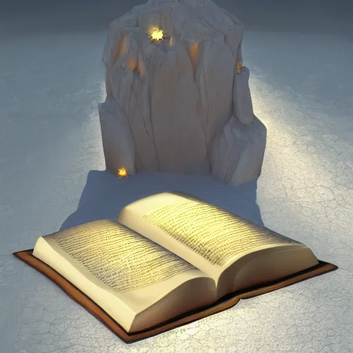 Image similar to photorealistic Bible, on a rock, heavenly light shining onto it, golden light, aura, cgsociety, artstationhq, digital art, detailed