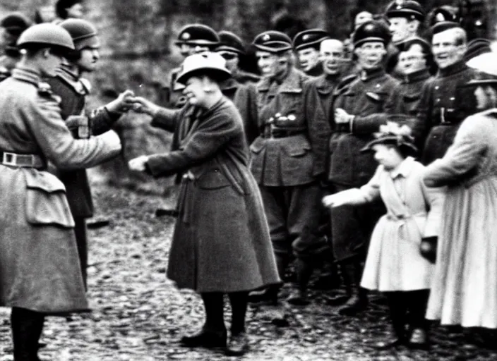 Image similar to ultra wide 1 9 4 6 blurry historical far away photo a german general surrendering to young queen elizabeth in a french village, her corgis are nearby highly detailed, sharp focus