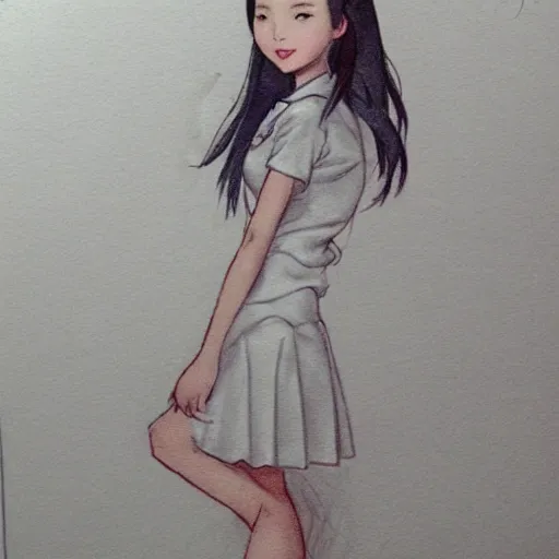 Prompt: a perfect, realistic professional digital sketch of a Chinese schoolgirl posing, in style of Marvel, full length, by pen and watercolor, by a professional American senior artist on ArtStation, a high-quality hollywood-style sketch, on high-quality paper