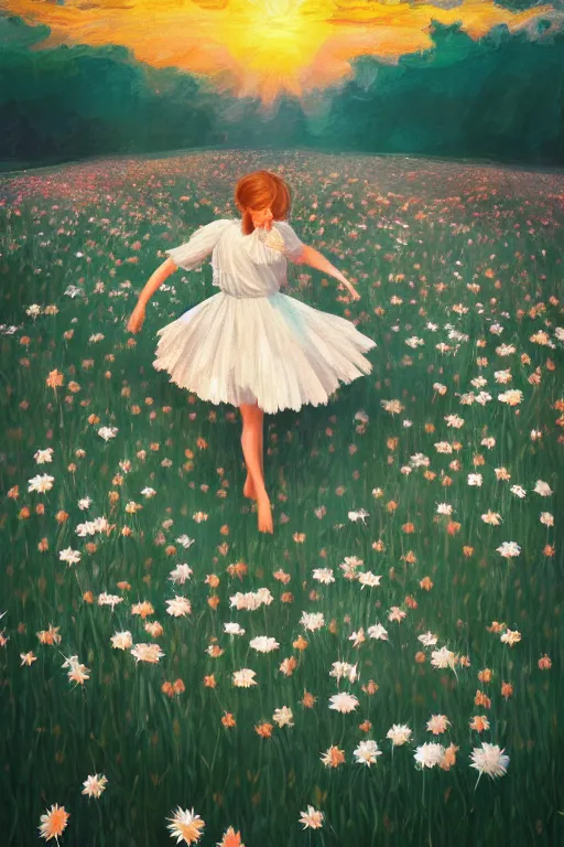 Prompt: giant white daisy flower veil, girl dancing in a flower field, surreal photography, sunrise, dramatic light, impressionist painting, colorful clouds, digital painting, artstation, simon stalenhag