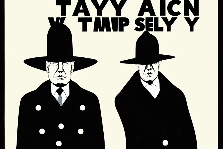 Image similar to poster matte shaded illustration of two donald trumps wearing trench coats and big floppy black spy hats starring in spy vs spy