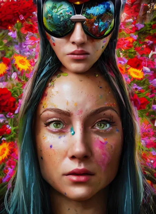 Image similar to An epic fantastic realism comic book style portrait painting of the most beautiful woman in the universe, flowers rain everywhere, fisheye lens, Apex Legends Concept Art, porcelain, unreal 5, DAZ, hyperrealistic, octane render, cosplay, RPG portrait, dynamic lighting