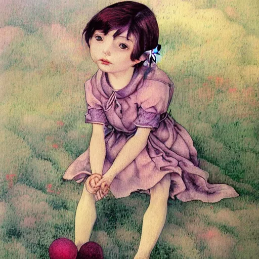 Image similar to little elf tomboy, purple tunic, soft hair. light color palate, detailed soft painting, ayami kojima, anatomically correct, inspired in balthus