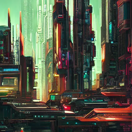 Prompt: cyberpunk cityscape by james warhola