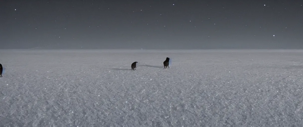 Prompt: filmic extreme wide shot movie still 4 k uhd interior 3 5 mm film color photograph of a bunch of creatures running around mcmurdo station in antartica at night