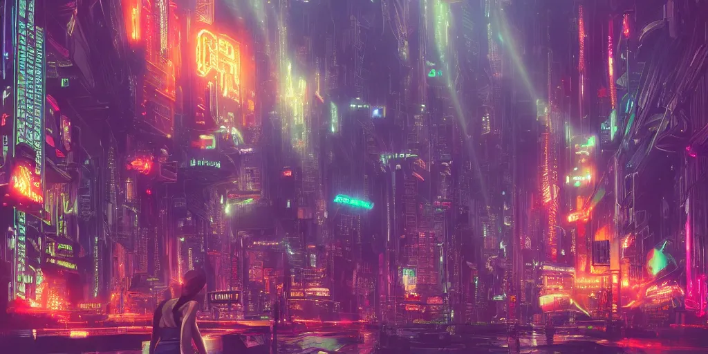 Prompt: cyborg angel observing a city, at night, neon lights,, by thomas kinkade trending on artstation, photorealistic, utopian, futuristic, blade runner