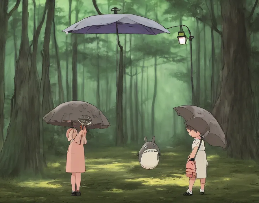 Image similar to A female Retzling with short blond air, standing with Totoro at a japanese bus stop, holding an umbrella, in the dark forest, rainy night, film screenshot, Studio Ghibli, Hayao Miyazaki,trending on artstation, —TEST