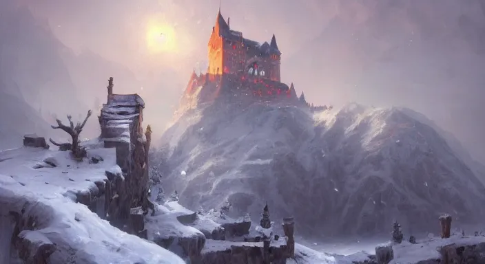 Image similar to a painting of a castle in the middle of a snowy mountain, a detailed matte painting by andreas rocha and greg rutkowski, featured on artstation, fantasy art, matte drawing, matte painting, artstation hq