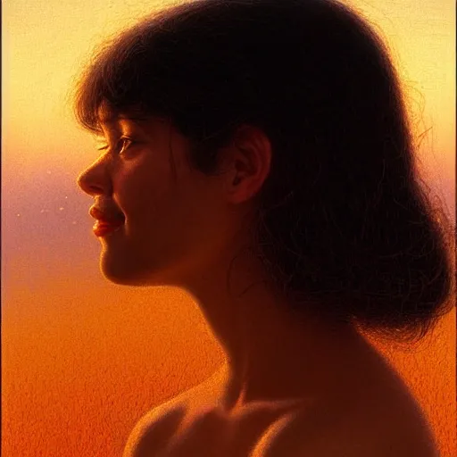 Image similar to Facial portrait of a cute shy woman, looking away from the camera, slight awkward smile, lips slightly parted, no hands visible,, intricate, extremely detailed painting by Jean Giraud and by Henry Justice Ford and by Greg Rutkowski, golden hour