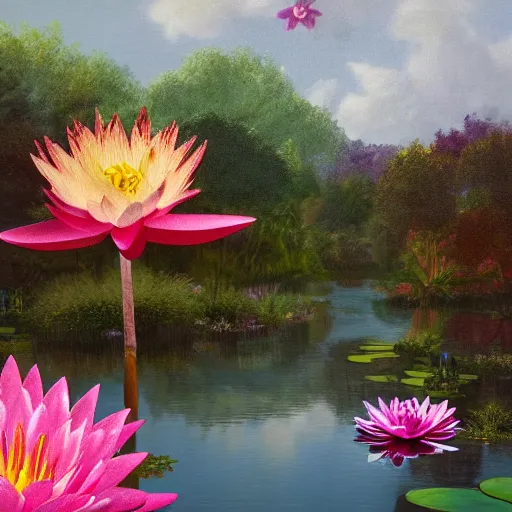 Prompt: Matte painting of a serene landscape of a garden filled with vivid coloured flowers and lush fruit trees, water lily and narcissus above pond melted into starry summer by Nicolas Party trending on artstation