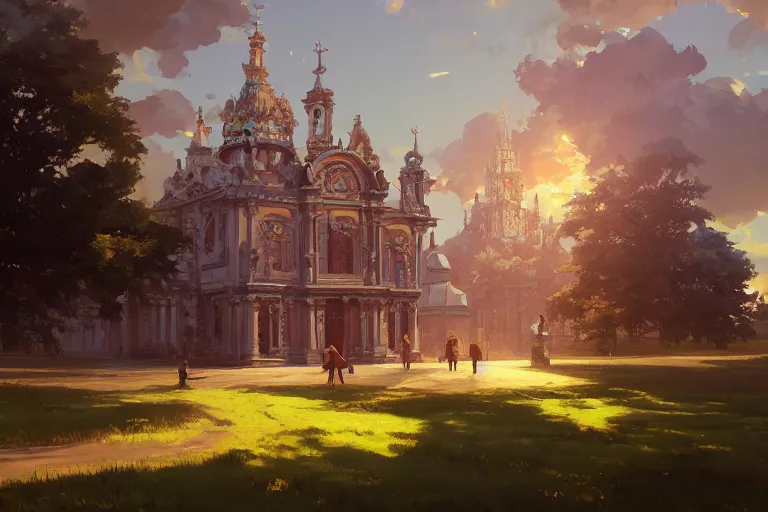 Prompt: a mobile driving ornate baroque church mounted on chaindrive, scene in an open field. key visual, conceptart, ambient lighting, highly detailed, digital painting, artstation, concept art, sharp focus, by makoto shinkai and akihiko yoshida and greg manchess