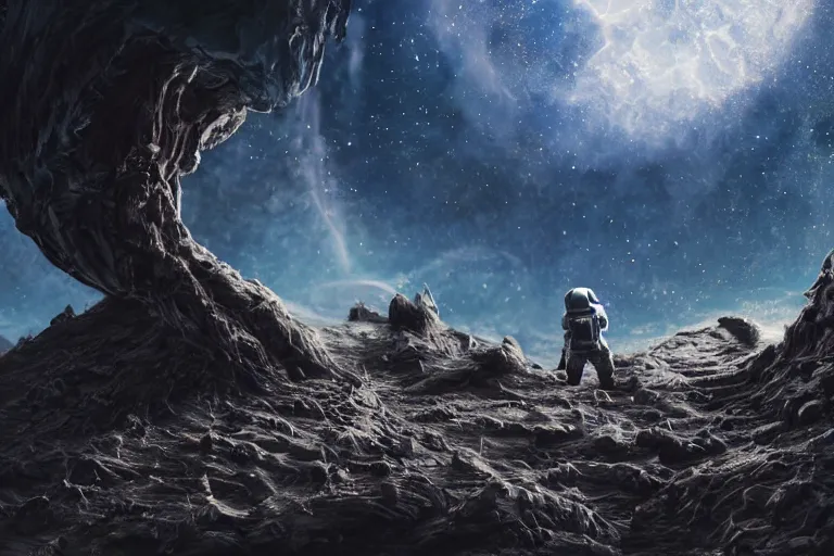 Image similar to distant low angel photograph of an astronaut exploring an abandoned alien planet with alien skeletons, alien skulls, fallen kingdom city ruins, science fiction, detailed space suit, cinematic, hypermaximalist, detailed, 4k, 8k, breathtaking stars, surrealism, distant, concept art, digital art, sharp focus, reflections, RTX, octane render, acid pixie, Trending on DeviantArt