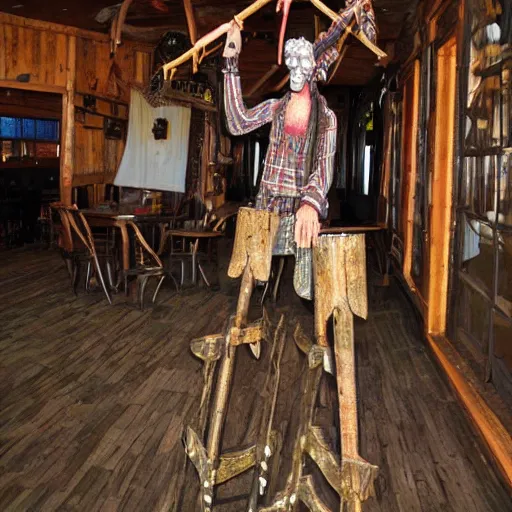 Prompt: Baba yaga tavern walking on stilts. No people. Stilts have claws.