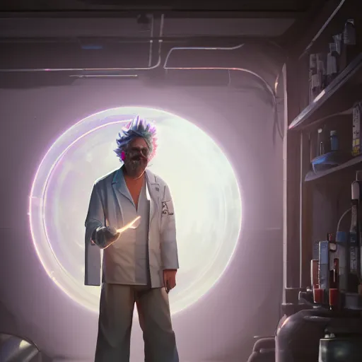 Image similar to portrait of rick sanchez, lab coat and tee shirt, lens flare, atmosphere, glow, detailed, intricate, full of colour, cinematic lighting, trending on artstation, 4 k, hyperrealistic, focused, extreme details, unreal engine 5, cinematic, masterpiece