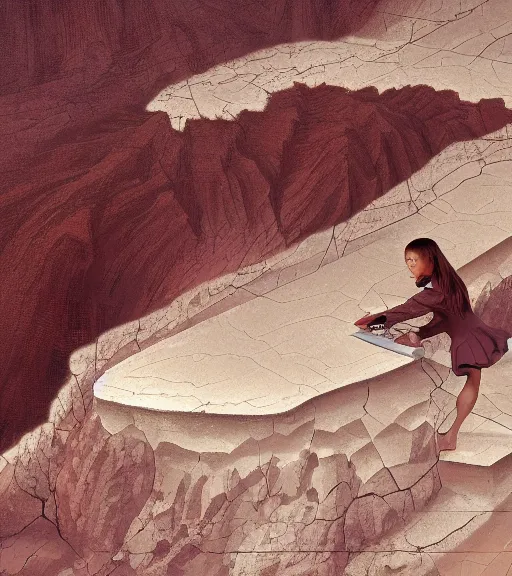 Prompt: close-up of a 21 year old schoolgirl hacking laptop on Diamond Head volcano, thermal lava flowing down dark travertine terraces, intricate, elegant, luxurious, digital painting, concept art, smooth, sharp focus, from Star Trek 2021, illustration, by WLOP and Ruan Jia and Mandy Jurgens and William-Adolphe Bouguereau, Artgerm