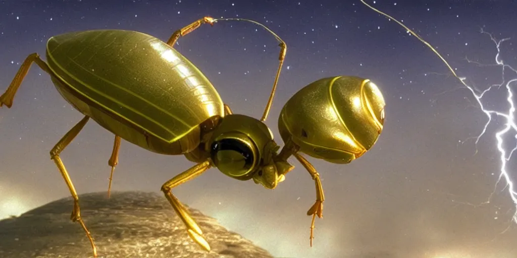 Prompt: lightning bug descendant 1 million in the future is a quadruped with big eyes. the bug wears a spacesuit, and explores the cosmos in a bug - shaped spaceship. science fiction blockbuster movie bugs save the planet or the bug from saturn, starship troopers ( 1 9 9 7 ), rogue one