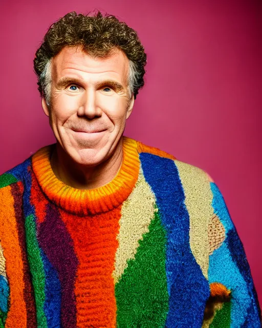 Prompt: headshot of the will ferrel, wearing a colorful coogi sweater, and a kilt, photoshoot in the style of annie leibovitz, studio lighting, soft focus, bokeh