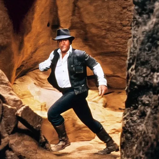 Image similar to sylvester stallone as indiana jones, running in a cave full of traps