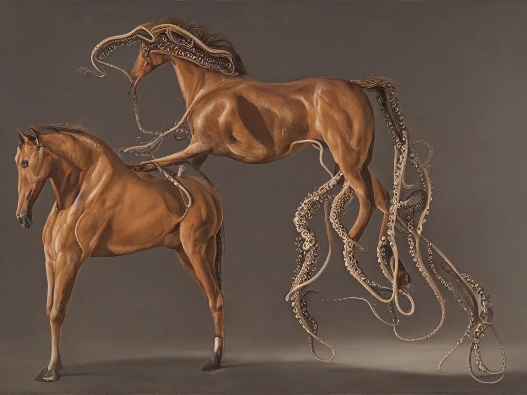 Prompt: a perfect hyperrealist painting of a horse, leg tentacle transplant and a mane of tentacles. 3 5 mm film photograph in style of stubbs whistlejacket. fine art, gallery lighting, solemn, and exquisite