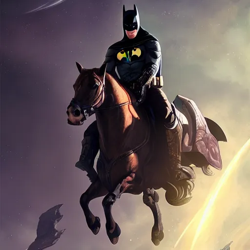 Prompt: centered portrait of Batman riding a horse in space, realistic character concept, high fantasy, light atmosphere, golden ratio, cinematic lighting, hyperdetailed, high resolution, insanely detailed and intricate, artstation, Marc Simonetti, Greg Rutkowski, octane render, 8k