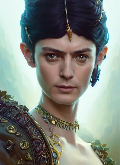 Image similar to highly detailed portrait of jude law as cleopatra unreal engine, fantasy art by greg rutkowski, loish, rhads, ferdinand knab, makoto shinkai and lois van baarle, ilya kuvshinov, rossdraws, tom bagshaw, alphonse mucha, global illumination, radiant light, detailed and intricate environment