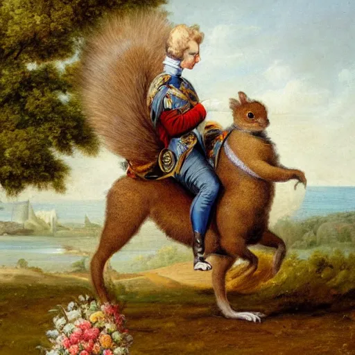 Prompt: a giant fluffy squirrel carrying napoleon bonaparte on its back, beach scene with flowers and foliage, detailed oil painting