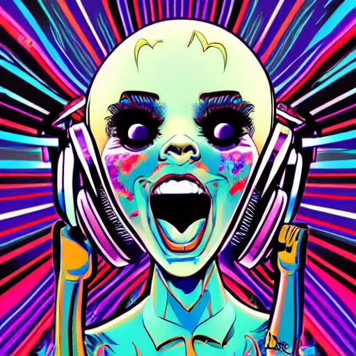 Image similar to artgerm, psychedelic laughing ghost - boo, rocking out, headphones dj rave, digital artwork, r. crumb, svg vector