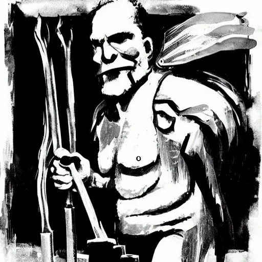 Prompt: norwegian troll blacksmith with sledgehammer and fire profile portrait half body monochrome portrait hammer dramatic kvlt by peder balke by guido crepax by norman bluhm mystic high contrast monochromatic noir brush
