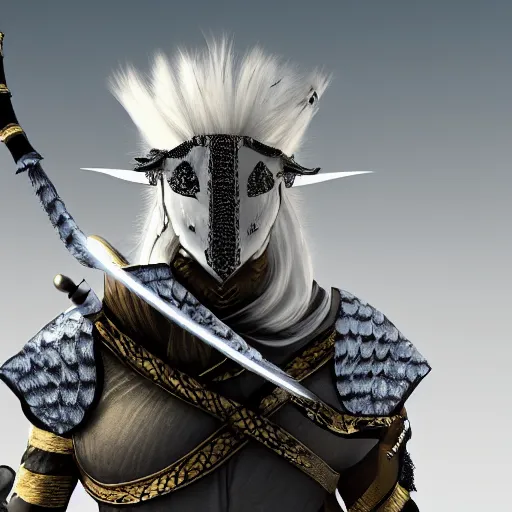 Prompt: a white haired snake soldier with a snake head, fantasy, inspired by dark souls, 4 k