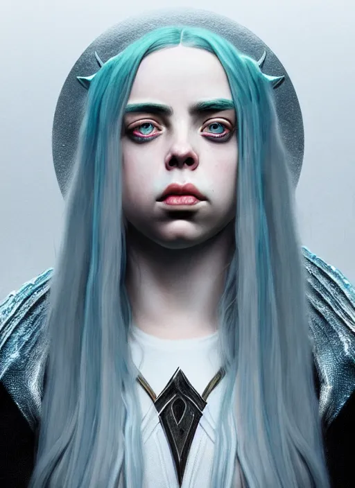 Image similar to Billie Eilish as female loki by, hyper detail, hyper realistic, octane render, gorgeous symmetrical face, elegant, intricate, studio lighting, by Greg rutkowski