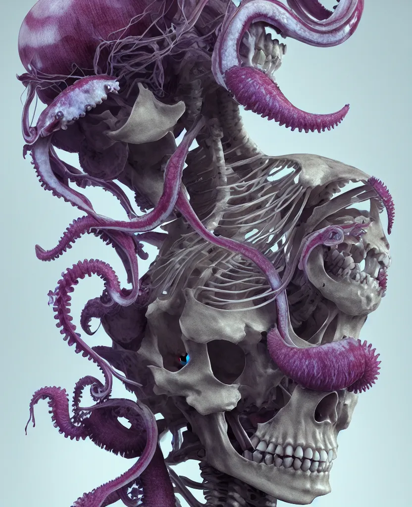 Image similar to symmetry!! goddess close - up portrait human skeleton, ram skull, squid phoenix jellyfish, orchid, betta fish, bioluminiscent, intricate artwork by tooth wu and wlop and beeple. octane render, trending on artstation, greg rutkowski very coherent symmetrical artwork. cinematic, hyper realism, high detail, octane render, 8 k