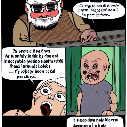 Prompt: george rr martin in a cartoon strip talking to a screaming chucky doll