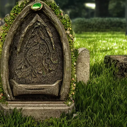 Prompt: side view of a beautiful abandoned tombstone with an embedded emerald, overgrown foliage with flowers taking over it, close - up, 3 5 mm, biopunk, bokeh, beautiful, lens flare, emotional, detailed, picture, trending on artstation, award - winning, shiny, golden, angle view, octane render