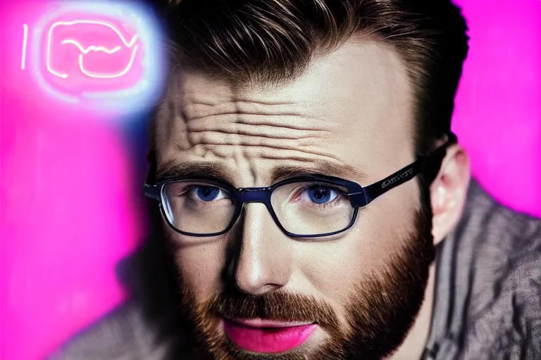 Prompt: chris evans, posing for the camera, neon lighting, closeup!!!!!!, macro!!!!!!, 3 5 mm!!!!!! lens, comprehensive art, neon!!!!!! atmosphere, intricately detailed, indistinguishably unique, 4 k, 8 k, detailed facial features