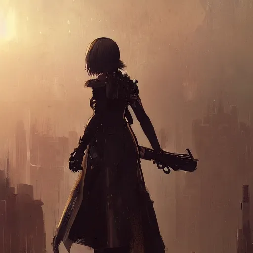 Prompt: a portrait of 2 b nier automata, post apocalyptic earth in the background as seen by greg rutkowski, dark theme, enchanted, warm colors, high quality, waw, trending on artstation