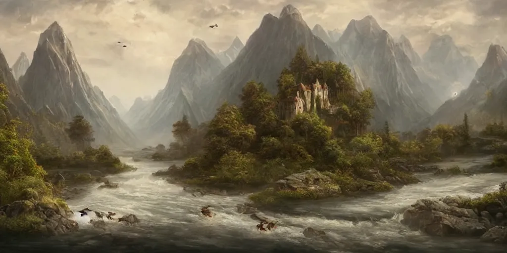 Image similar to A majestic landscape featuring a river, mountains and a forest. A small group of birds is flying in the sky. there is a group of man carrying a boat above their heads. Cinematic, very beautiful, painting in the style of Lord of the rings