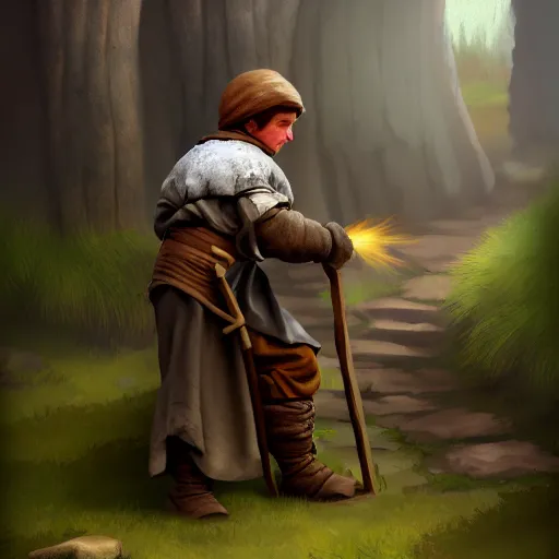 Image similar to medieval peasant boy talking to blacksmith, artstation, fantasy