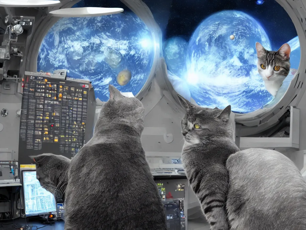 Prompt: a cat sitting in front of a large spaceship control panel, with a large window in front, outside the window is a big planet and moon