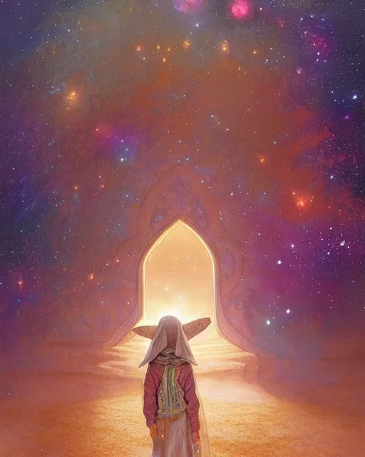 Image similar to bedouin child praying in galaxy walking towards mosque surrounded by nebula, highly detailed, gold filigree, romantic storybook fantasy, soft cinematic lighting, award, disney concept art watercolor illustration by mandy jurgens and alphonse mucha and alena aenami, pastel color palette, featured on artstation