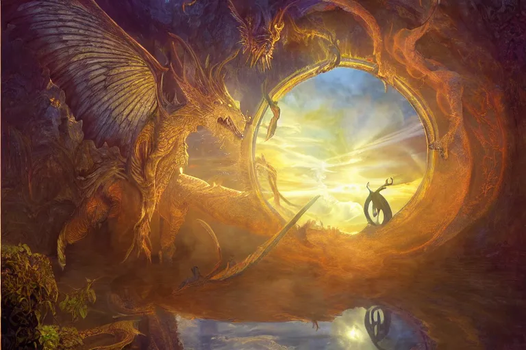 Prompt: Beautiful hyperrealistic detailed matte painting of a wizard fighting a dragon in stained glass windows in colors reflecting sun rays, glass texture, on the lost Vibes and mirror reflection of the divine energy, by andreas rocha and john howe, and Martin Johnson Heade, featured on artstation, featured on behance, golden ratio, ultrawide angle, f32, well composed, cohesive