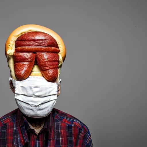 Image similar to an elderly man wearing a mask made from a hotdog, bold natural colors, national geographic photography, masterpiece, 8 k, raw, unedited, symmetrical balance