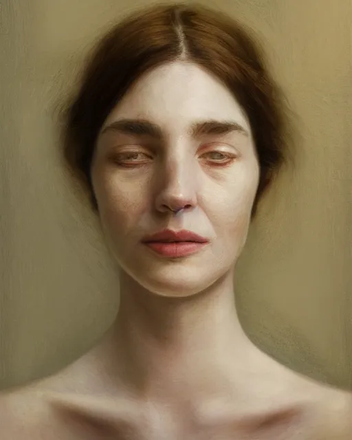 Prompt: cinematic portrait of young and severe woman with a crooked nose, intricate, elegant, by alyssa monks, highly detailed, symmetrical face, fine details, masterpiece, trending on artstation