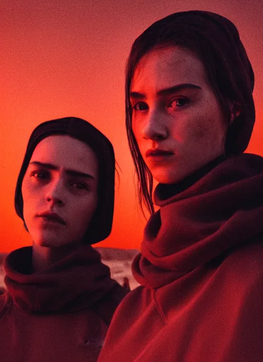 Image similar to cinestill 5 0 d photographic portrait of two loving female androids wearing rugged black techwear on a desolate plain with a red sky, brutalist structure, extreme closeup, cyberpunk style, dust storm, 8 k, hd, high resolution, 3 5 mm, f / 3 2, ultra realistic faces, ex machina